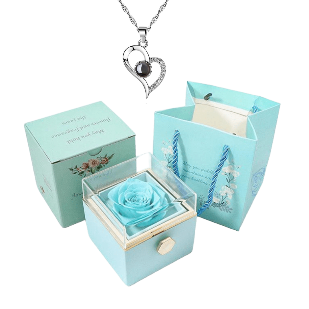 Kit Giratório com Rosa Eterna e Colar "Eu Te Amo" em 100 Idiomas
