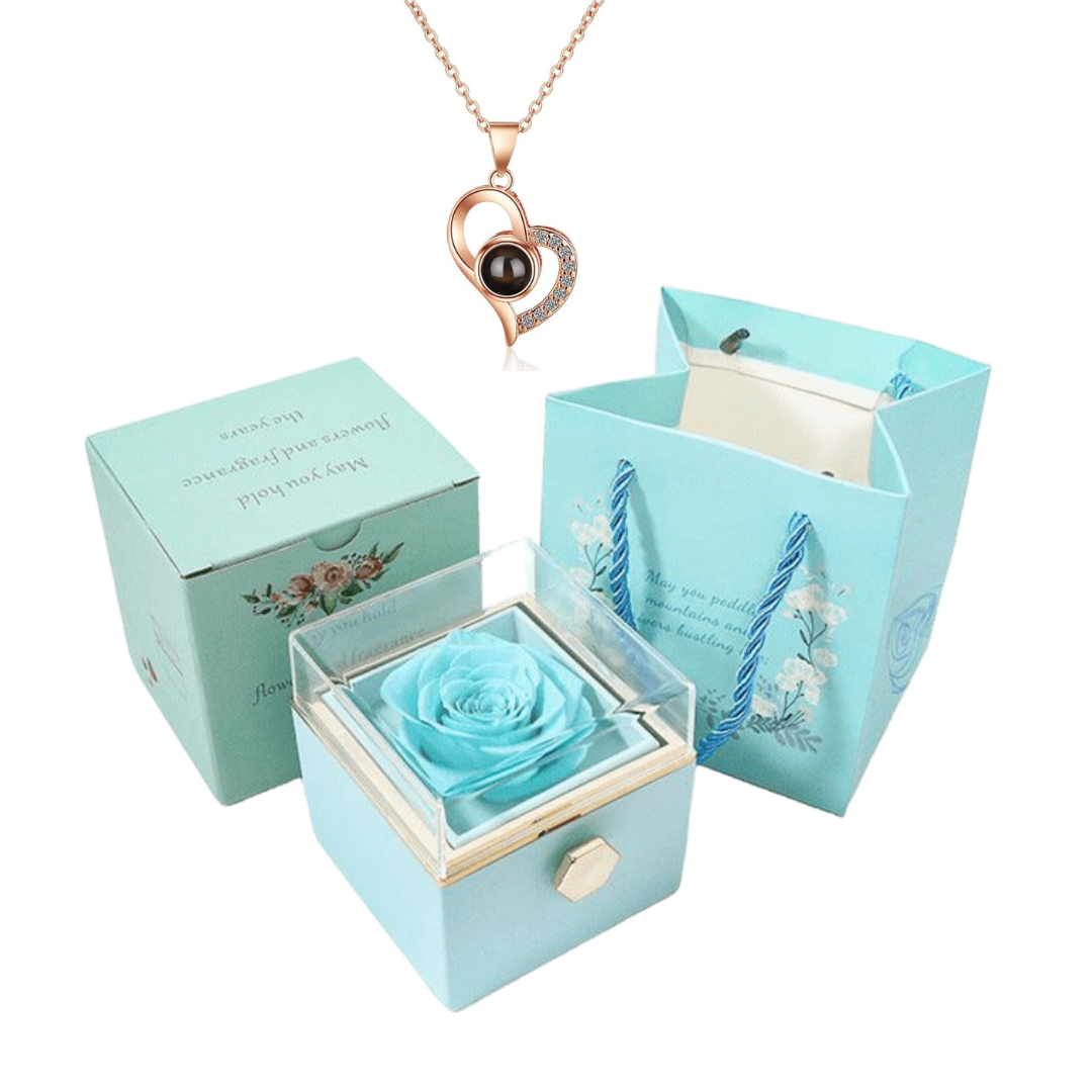 Kit Giratório com Rosa Eterna e Colar "Eu Te Amo" em 100 Idiomas