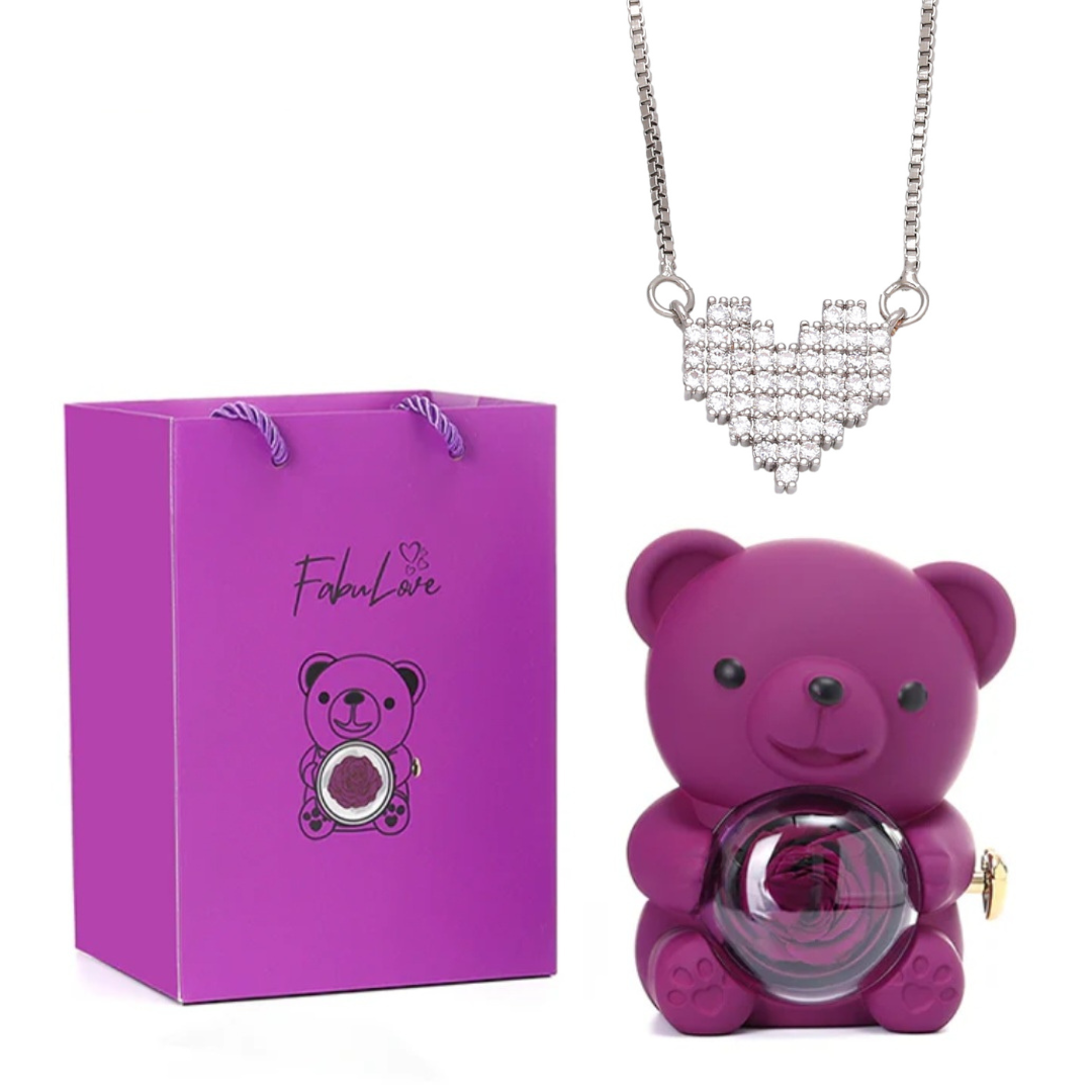 Ursinho Giratório com Rosa Eterna e Colar Coração Brilhante