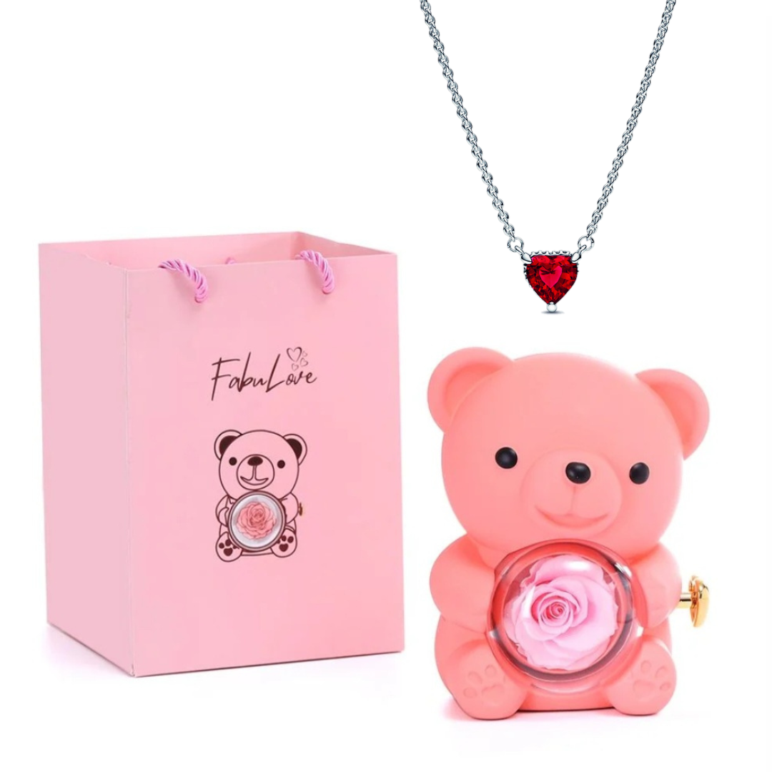 Eternal Bear - Kit Ursinho com Rosa Eterna e Colar Coração em Prata 925