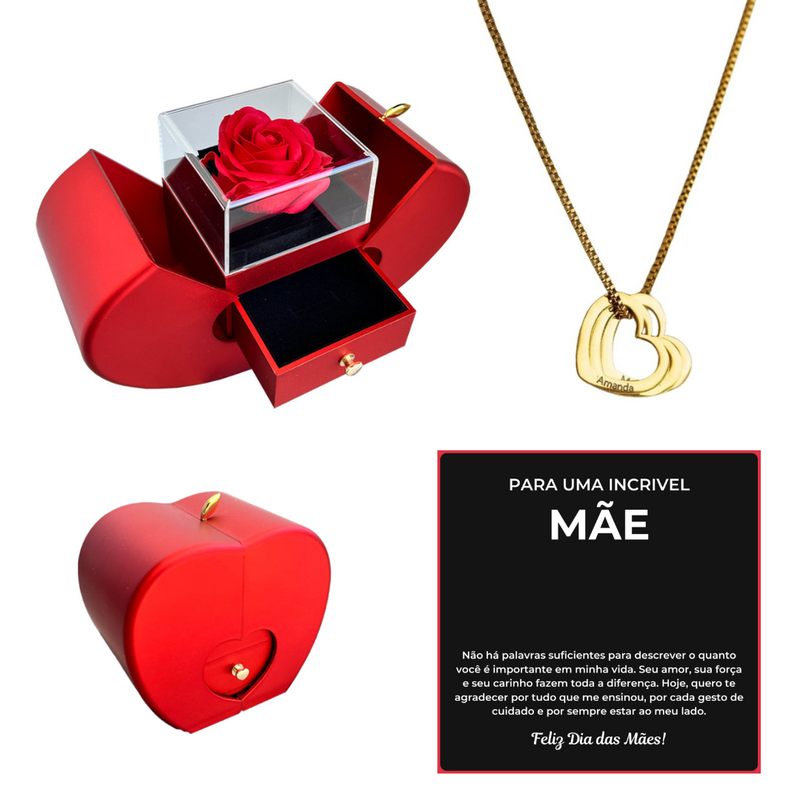Kit Maçã com Rosa Eterna e Colar Coração de Mãe Personalizado com Nomes
