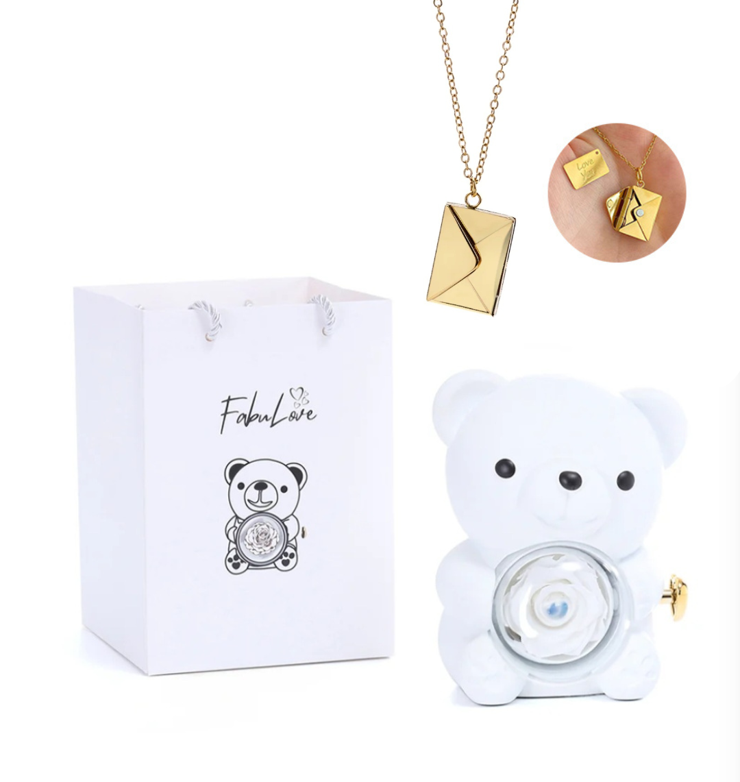 Ursinho Giratório com Rosa Eterna e Colar Envelope Personalizado
