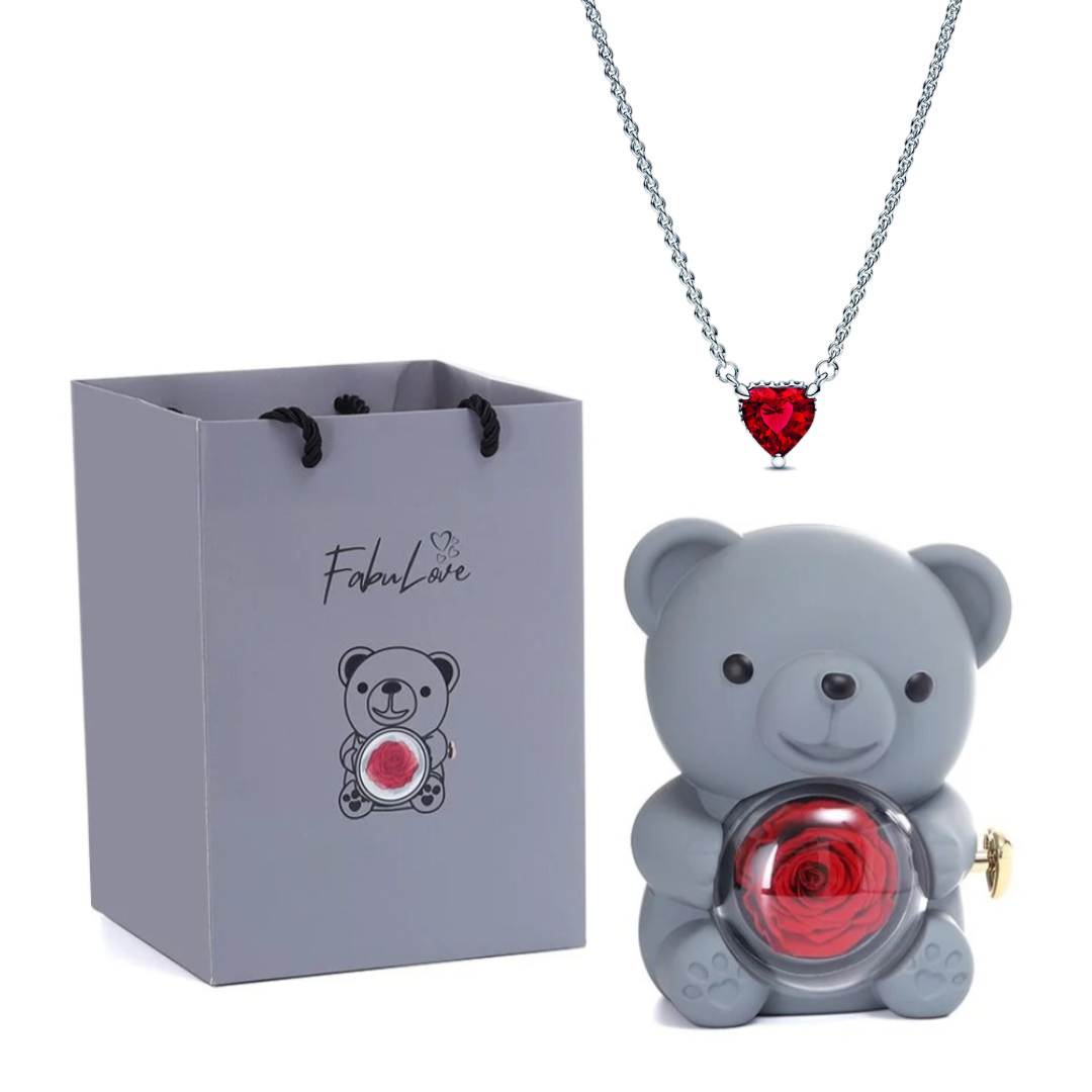 Eternal Bear - Kit Ursinho com Rosa Eterna e Colar Coração em Prata 925