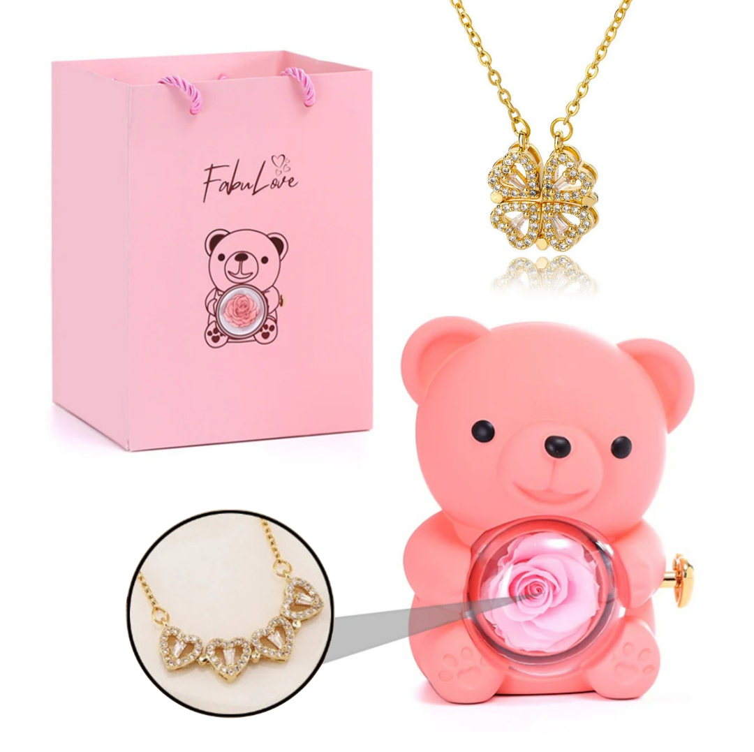 Ursinho Giratório com Rosa Eterna e Colar Trevo 2 em 1