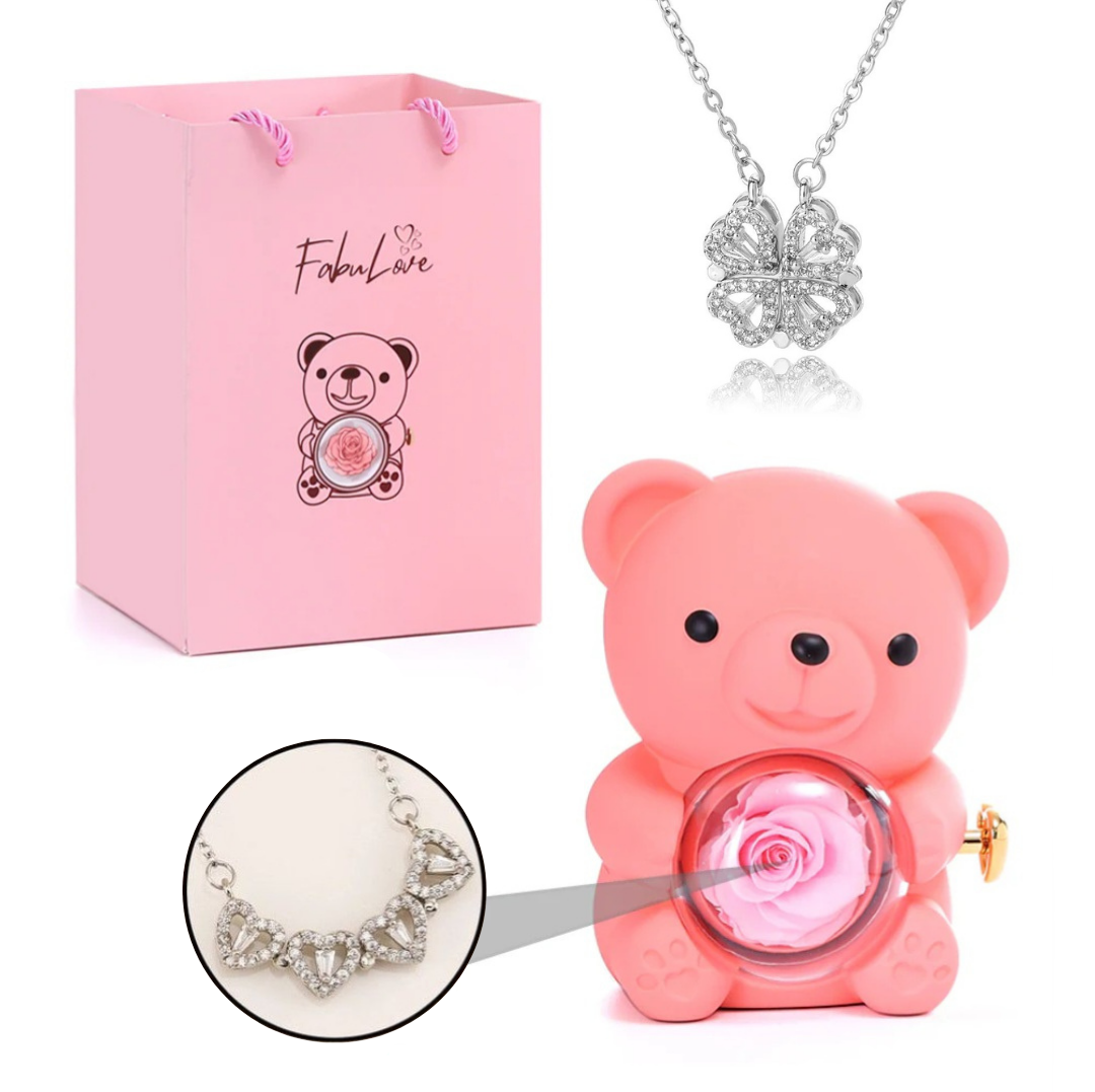 Ursinho Giratório com Rosa Eterna e Colar Trevo 2 em 1