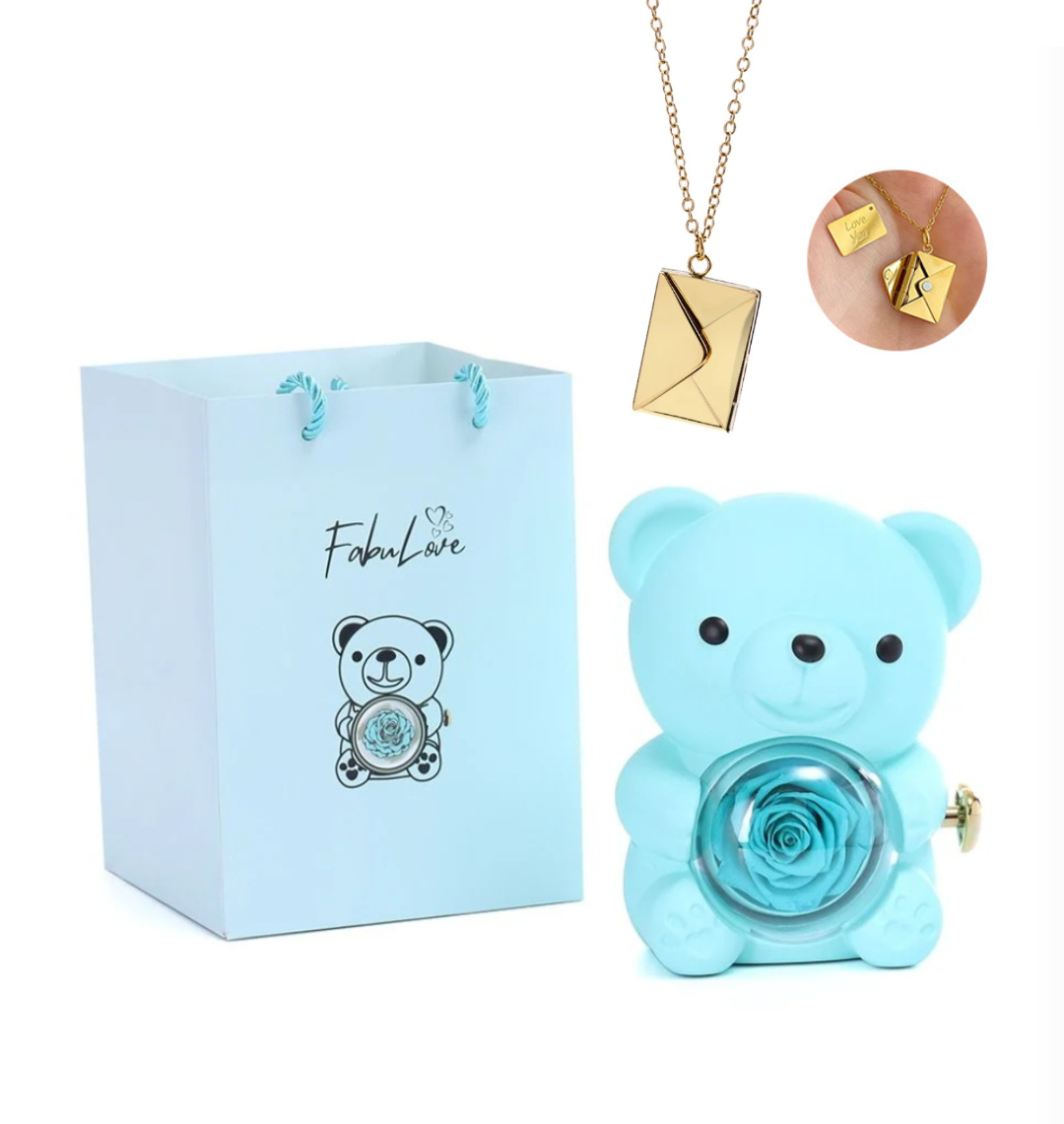 Ursinho Giratório com Rosa Eterna e Colar Envelope Personalizado