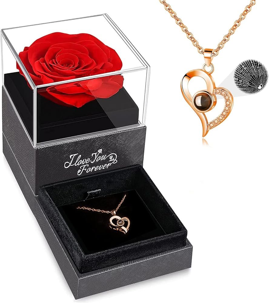 Kit Rosa Eterna com Colar "Eu Te Amo" em 100 Idiomas