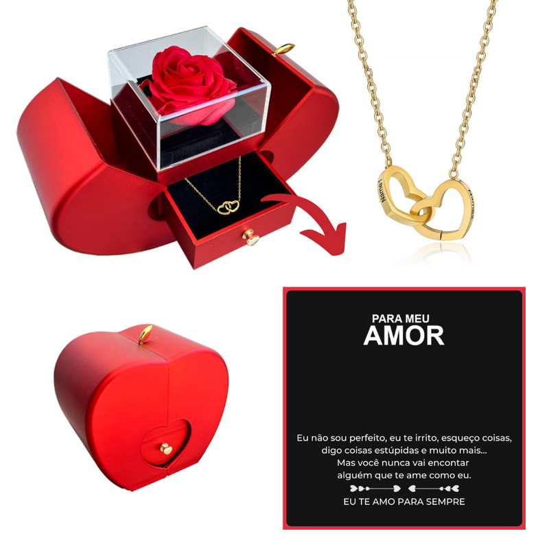 Kit Maçã com Rosa Eterna e Colar Amor Duplo Personalizado