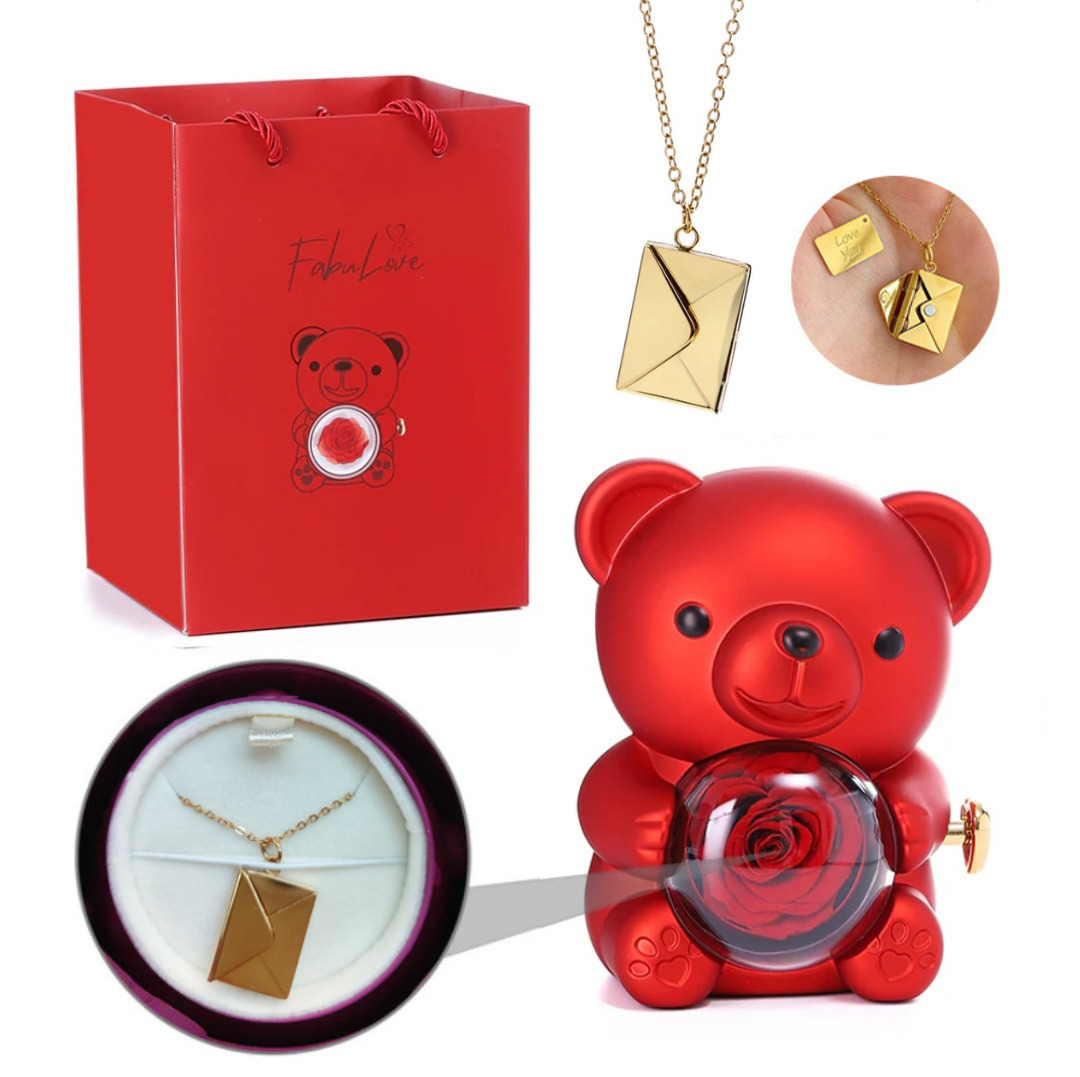 Ursinho Giratório com Rosa Eterna e Colar Envelope Personalizado