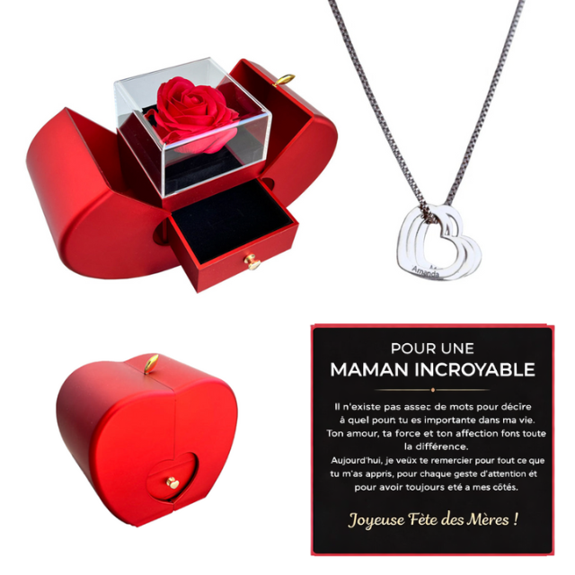 Kit Maçã com Rosa Eterna e Colar Coração de Mãe Personalizado com Nomes
