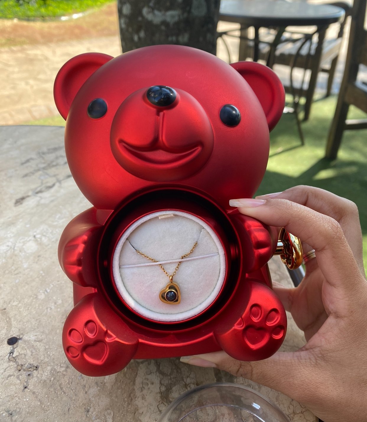 Ursinho Giratório com Rosa Eterna e Colar com Projeção de Foto