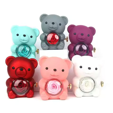 Eternal Bear - Kit Ursinho com Rosa Eterna e Colar Coração em Prata 925