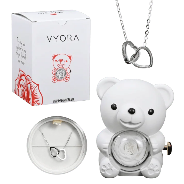 Eternal Rose – Kit Ursinho com Rosa Eterna e Colar Personalizado