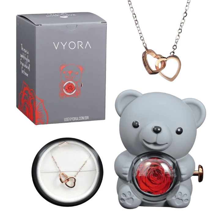 Eternal Rose – Kit Ursinho com Rosa Eterna e Colar Personalizado