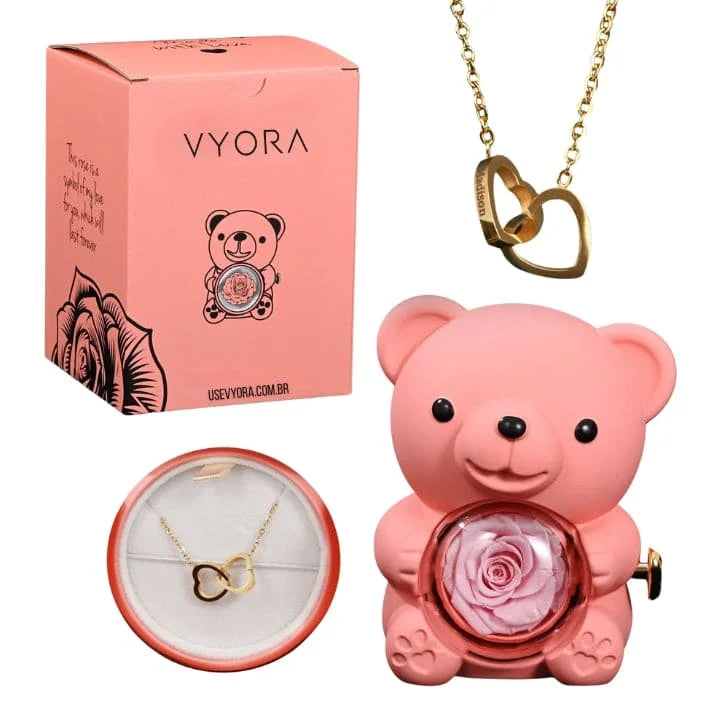 Eternal Rose – Kit Ursinho com Rosa Eterna e Colar Personalizado