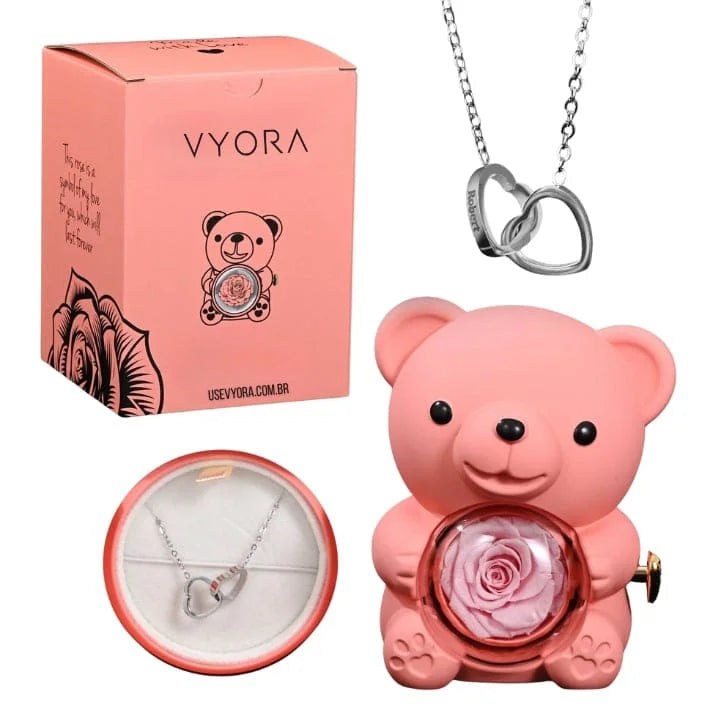 Eternal Rose – Kit Ursinho com Rosa Eterna e Colar Personalizado