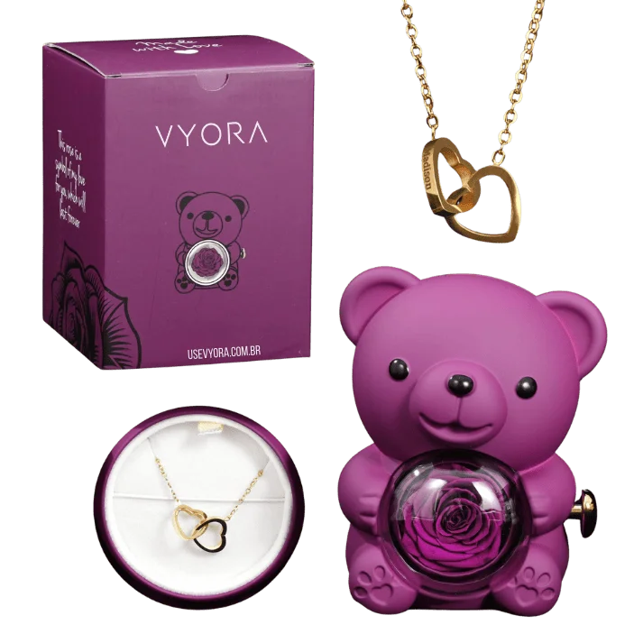 Eternal Rose – Kit Ursinho com Rosa Eterna e Colar Personalizado