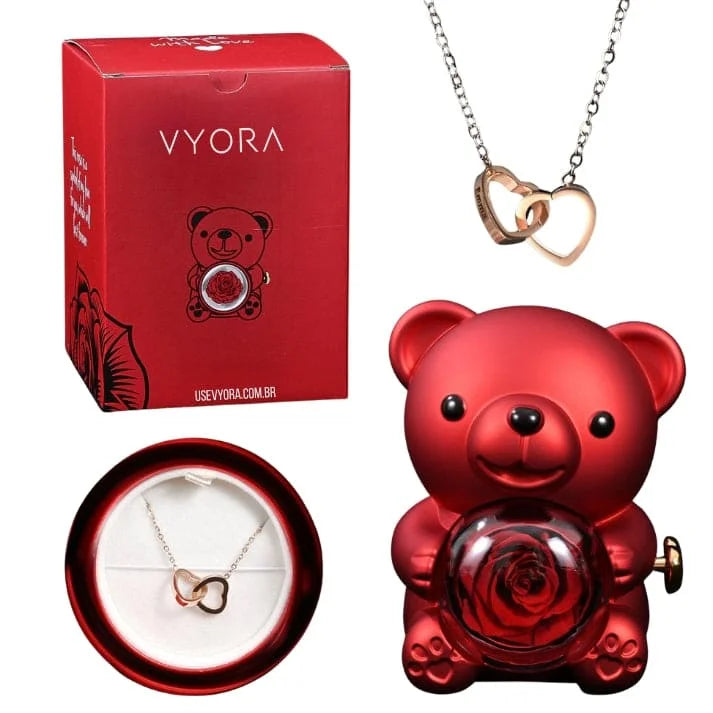 Eternal Rose – Kit Ursinho com Rosa Eterna e Colar Personalizado