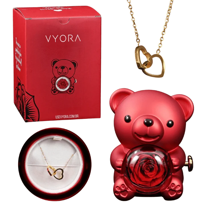 Eternal Rose – Kit Ursinho com Rosa Eterna e Colar Personalizado