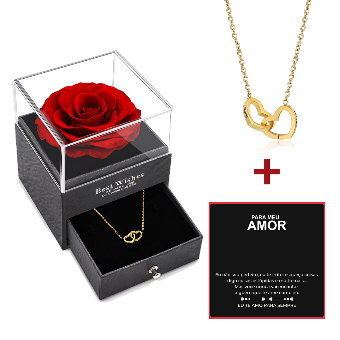 Kit Rosa Eterna com Colar Amor Duplo Personalizado